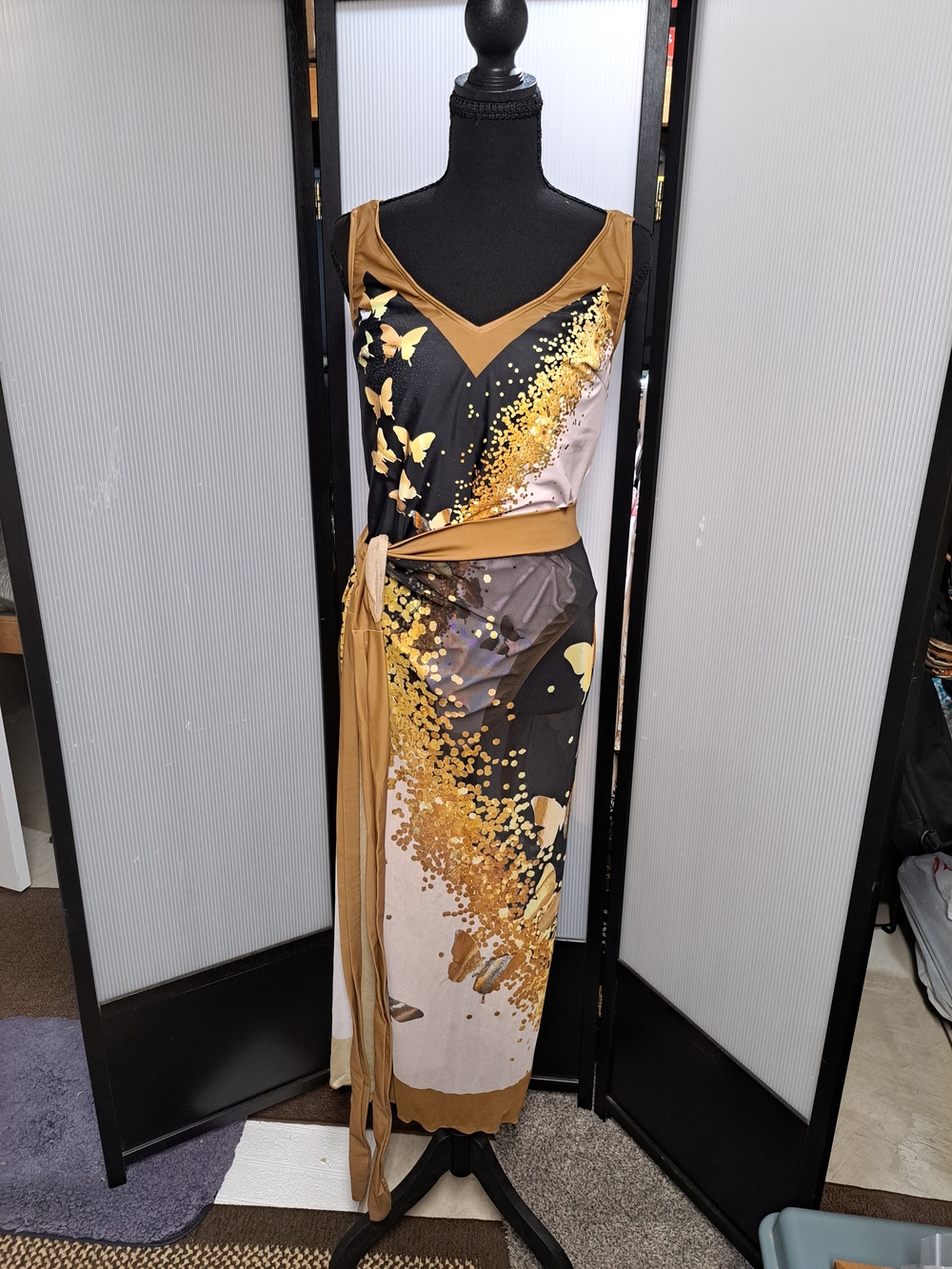 Butterfly Print Maxi Dress in Black and Gold